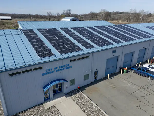 Arial shot of beacon garage. Rooftop solar installation completed by Renua Energy for the City of Beacon highway garage in New York